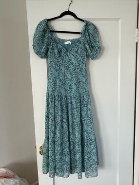 Astr Teal Floral Puff-Sleeve Midi Dress